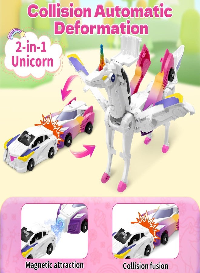 Intoypad Unicorn Collision Transforming Cars Toy for Girls Boys, 2 Magnetic Cars Transform into Magical Unicorn Collision Transforming Robot Cars Toy Deformation Christmas Birthday Gifts for Kids Pink - Image 5